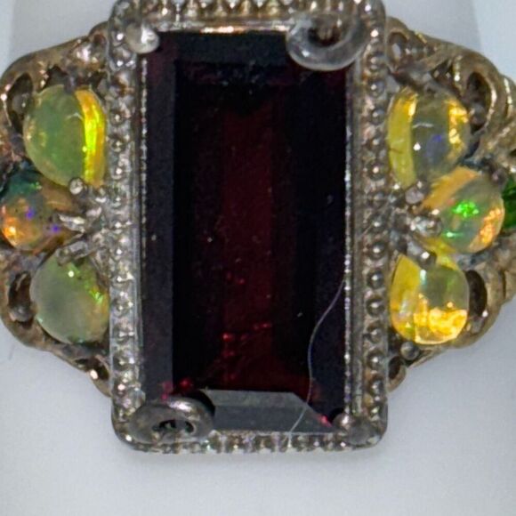 Art Deco vintage 925 silver ring 5.59g tsavorite garnet & opal Sz 9 signet - Picture 2 of 13